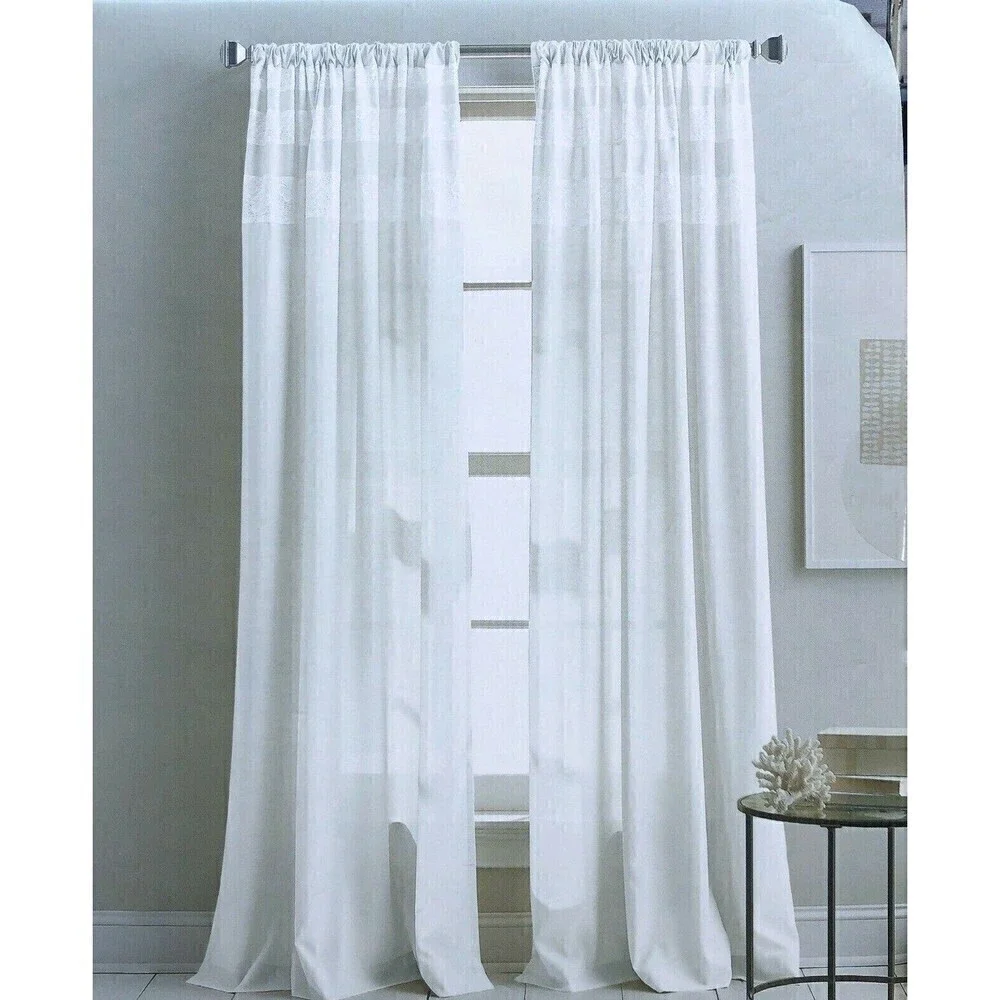 DKNY 2 Window Panels Curtains White Rod Pocket 50x96 City Lace Trim Drapes New